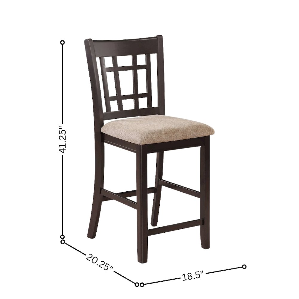 Brown Wood Counter Stool Set of 2 with Lattice Back Design and Upholstered Seats. Picture 11