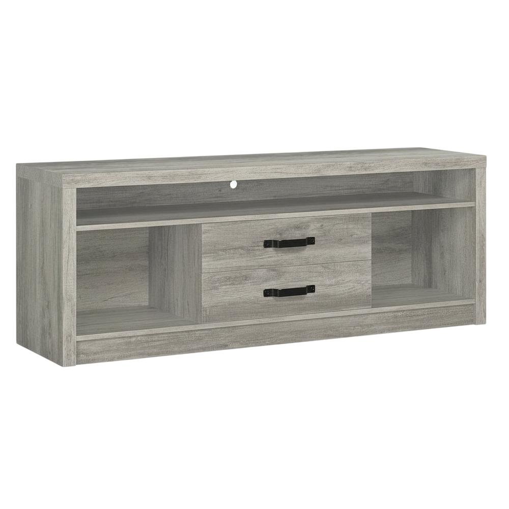Engineered wood TV stand, two drawers in grey driftwood finish, transitional. Picture 1