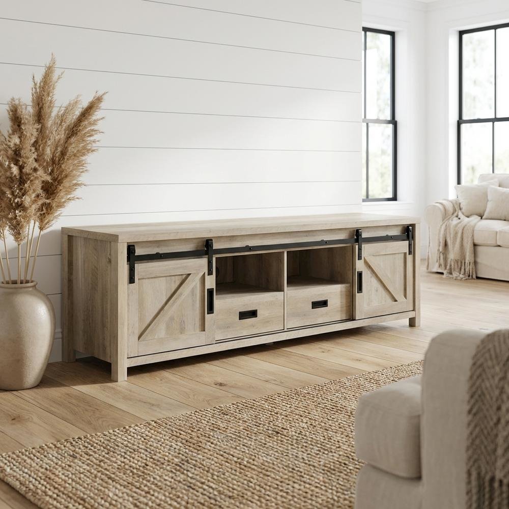 Brown Wood 2-Door TV Stand with Farmhouse Design and Distressed Finish. Picture 2