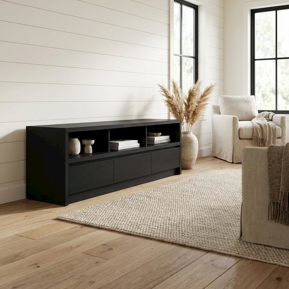 Black 59-Inch TV Stand with 3 Drawers and Contemporary Style. Picture 3