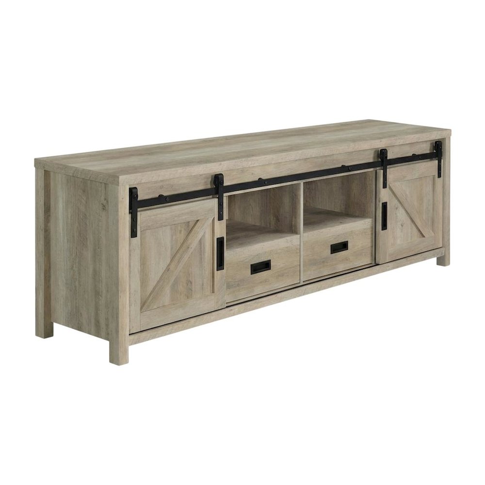 Brown Wood 2-Door TV Stand with Farmhouse Design and Distressed Finish. Picture 1