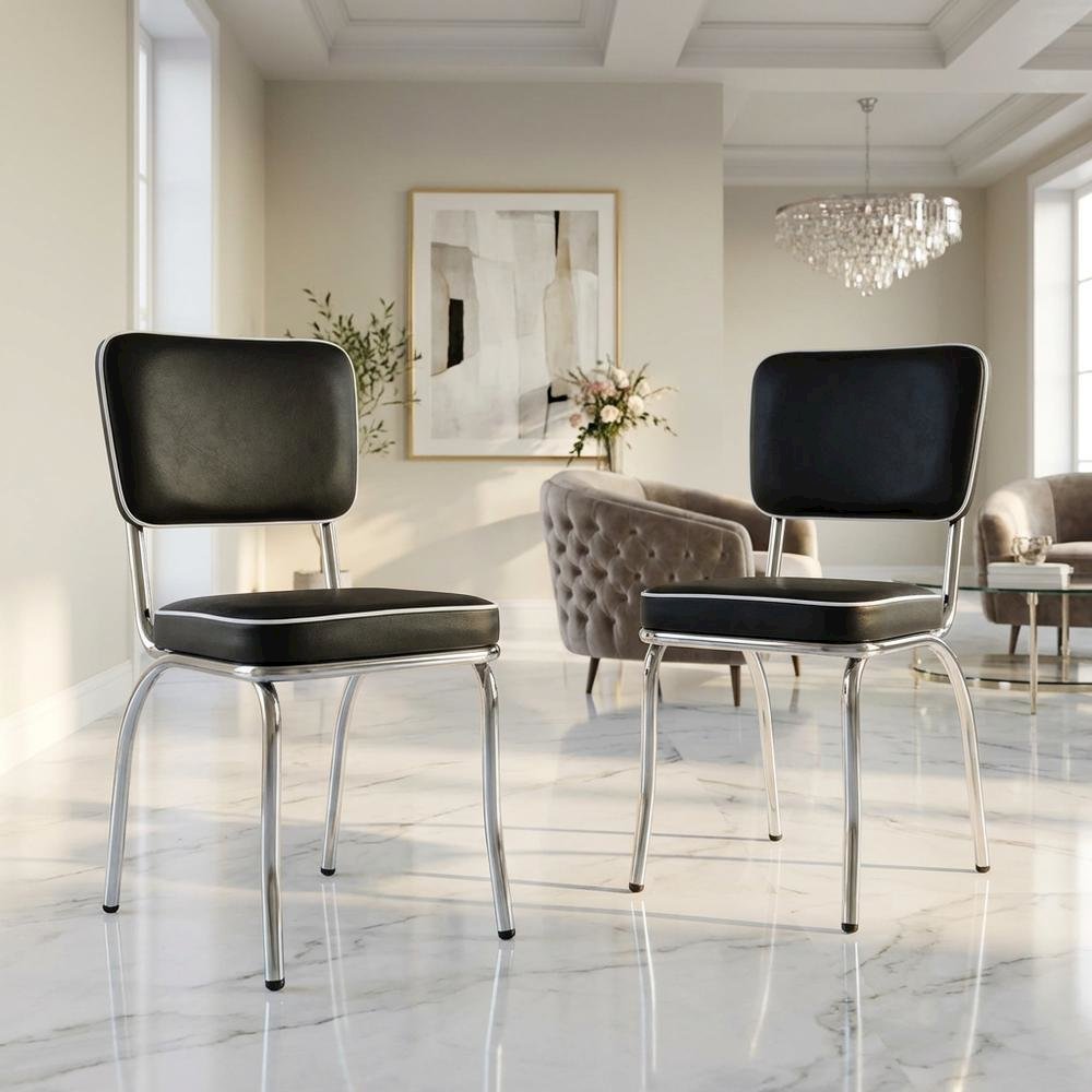 Set of 2 Stylish Black and Chrome Dining Chairs Inspired by Retro Diner Design. Picture 2