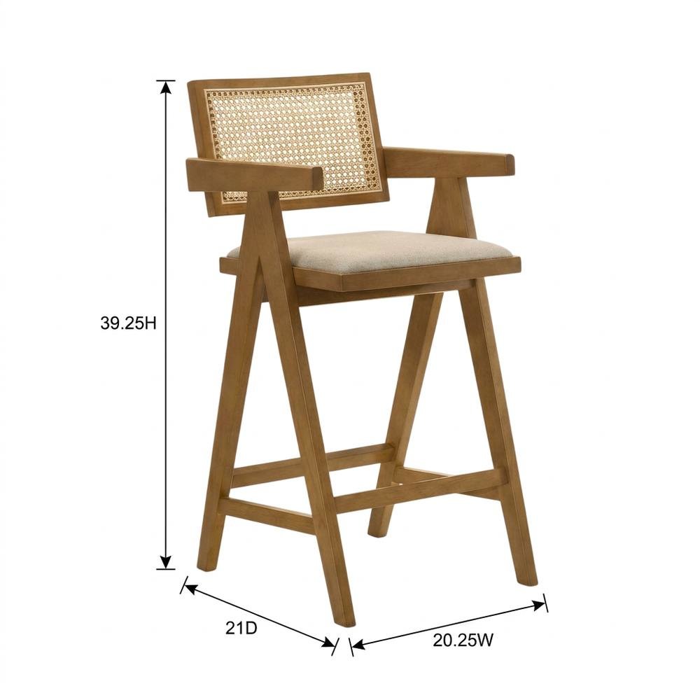 Woven Rattan Wood Bar Stool Light Walnut Set of 2 with Mid-Century Modern Design. Picture 7