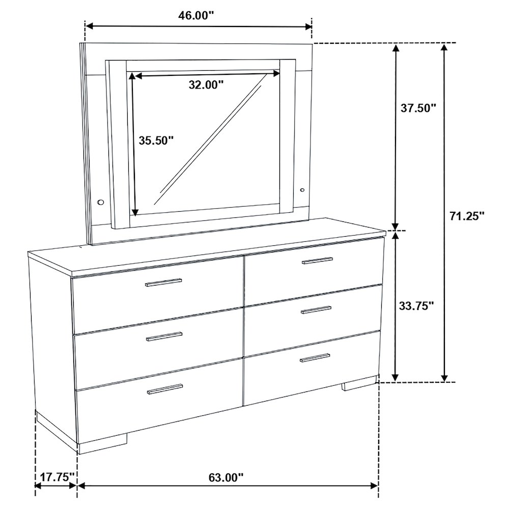 Felicity 6-drawer Dresser with LED Mirror White High Gloss. Picture 6