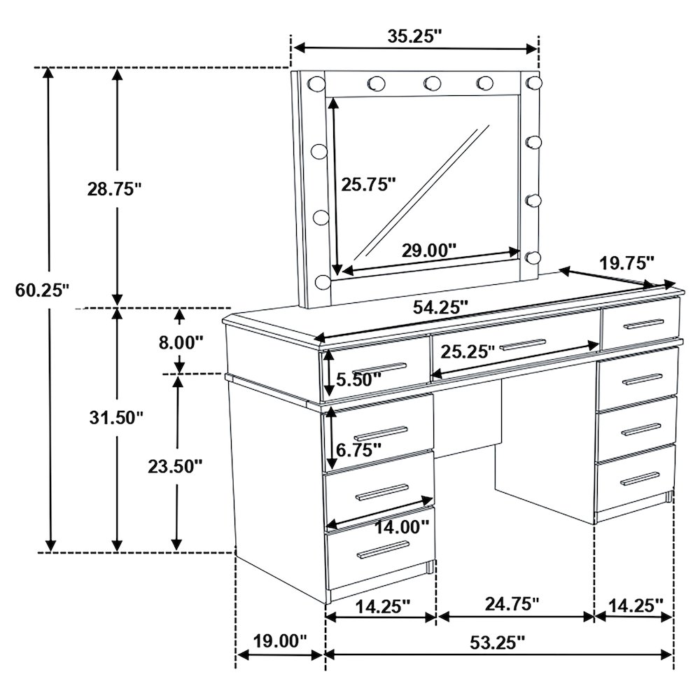 Felicity 9-drawer Vanity Table Lighted Mirror Glossy White. Picture 10