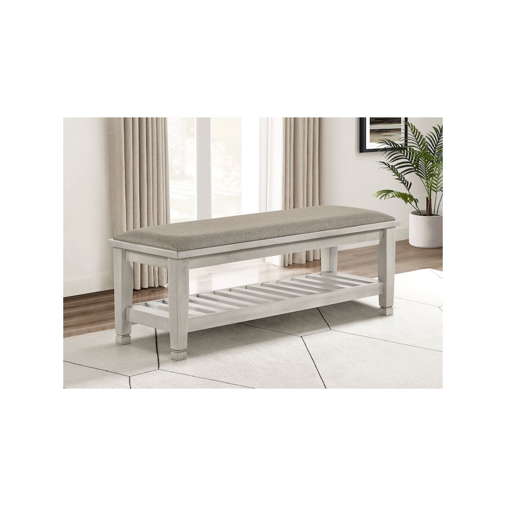 Franco Fabric Upholstered Bench with Shelf Distressed White. Picture 3