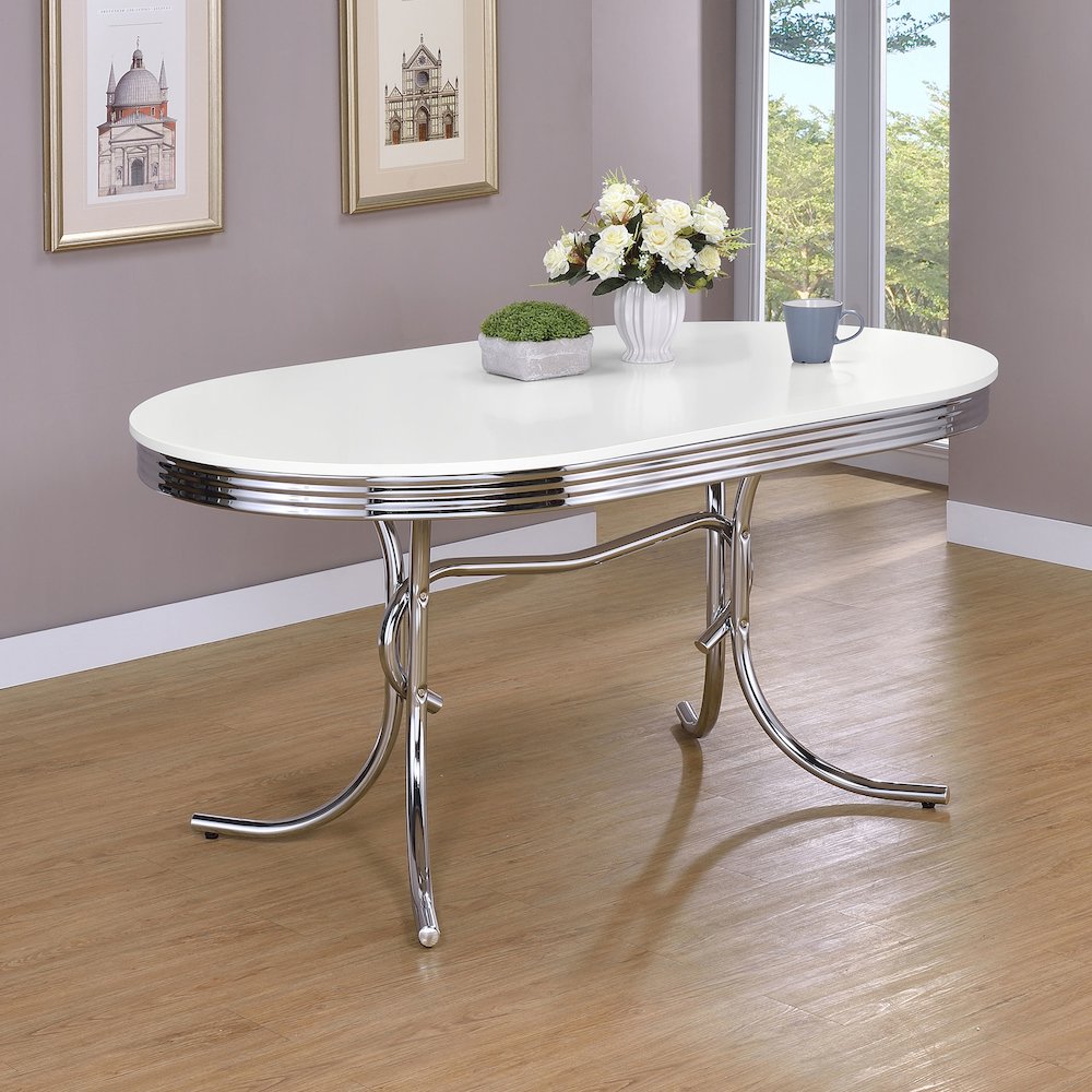 Retro Oval 60-inch Wood Top Dining Table White and Chrome. Picture 3