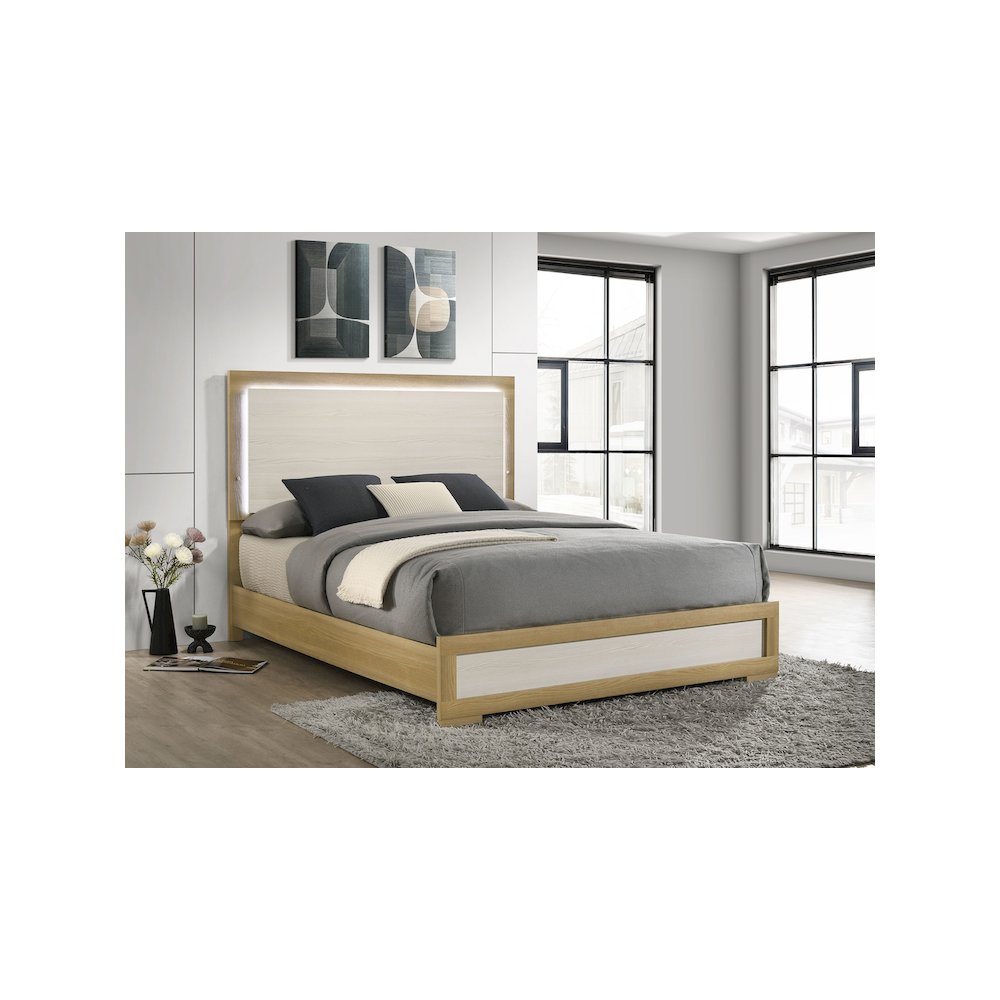 Hyland Wood Queen LED Panel Bed Natural and White. Picture 5