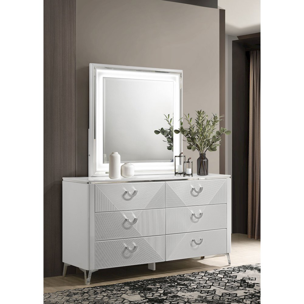 Cassia 6-drawer Dresser Cabinet with Mirror White High Gloss. Picture 2