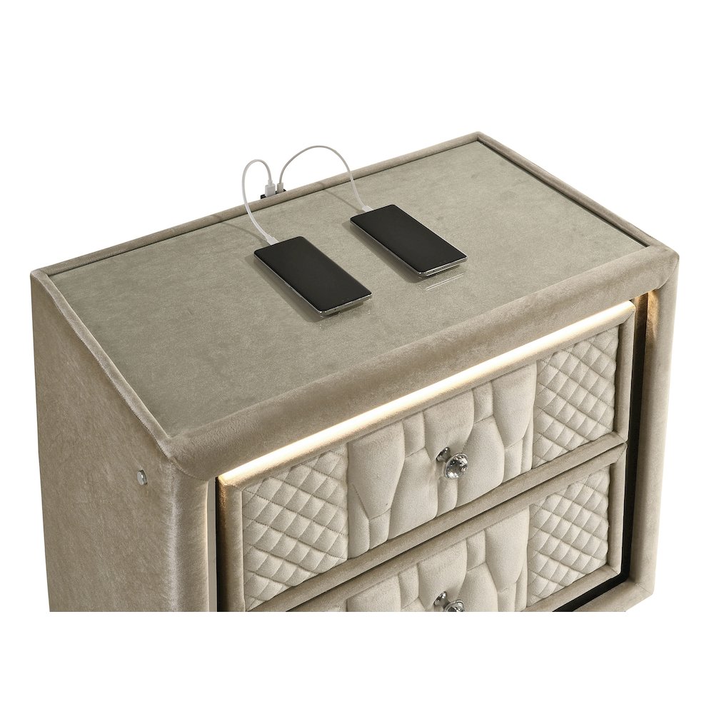 Lorient 2-drawer LED Nightstand with USB Ivory and Camel. Picture 8