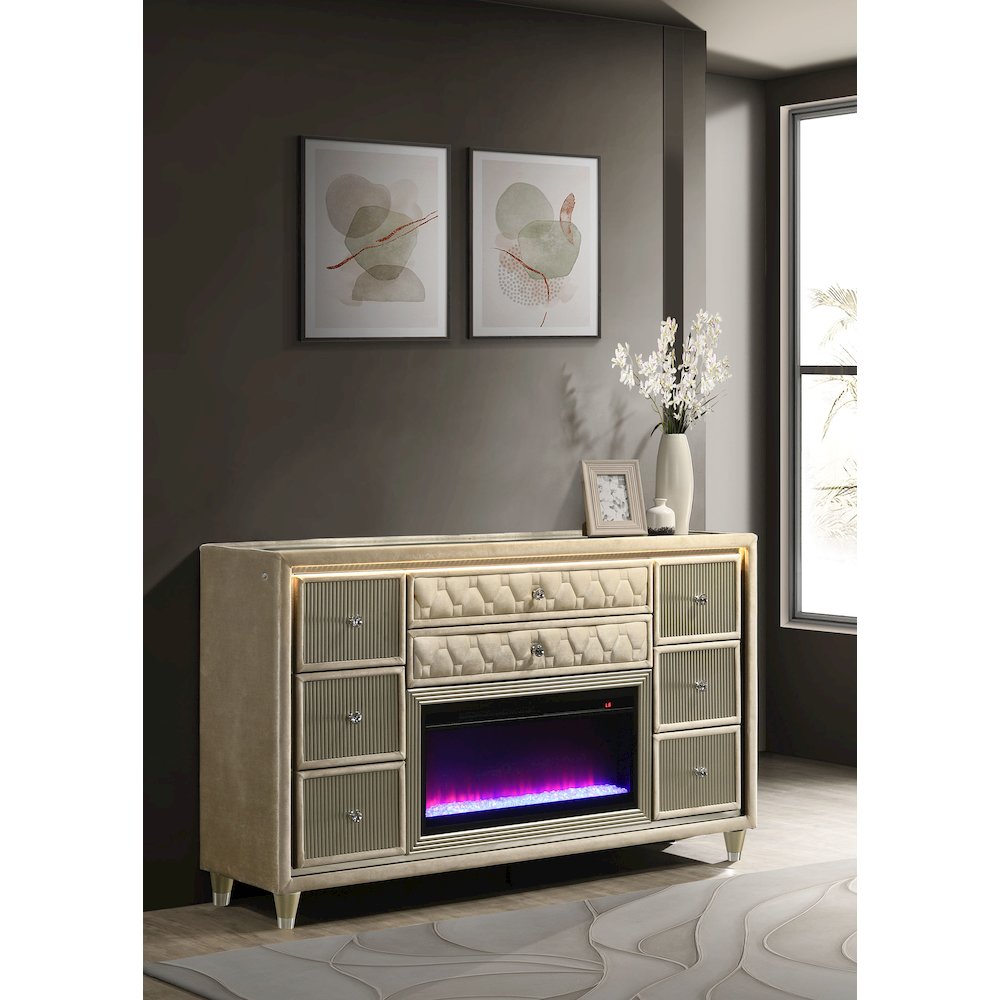 Lorient 8-drawer LED Bedroom Flame Box Dresser Ivory Camel. Picture 2