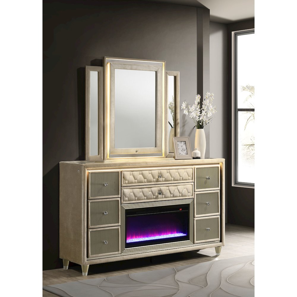Lorient 8-drawer LED Flame Box Dresser and Mirror Ivory Camel. Picture 2