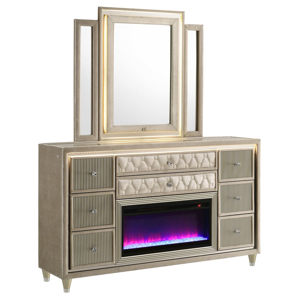Lorient 8-drawer LED Flame Box Dresser and Mirror Ivory Camel. Picture 1