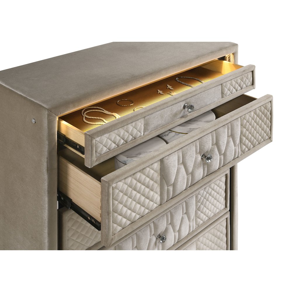 Lorient 5-drawer LED Chest of Drawers Ivory and Camel. Picture 8