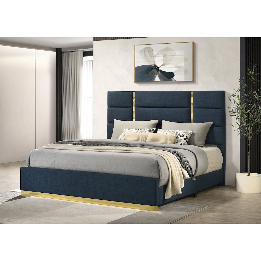 Ines 52-inch Fabric Upholstered Queen Panel Bed Navy. Picture 2