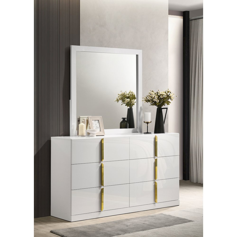 Ines 6-drawer Bedroom Dresser with Mirror White High Gloss. Picture 2