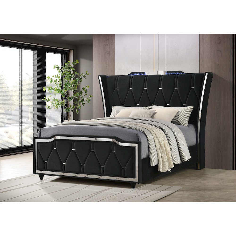 Lorient Queen LED Upholstered Wingback Bed Black. Picture 2
