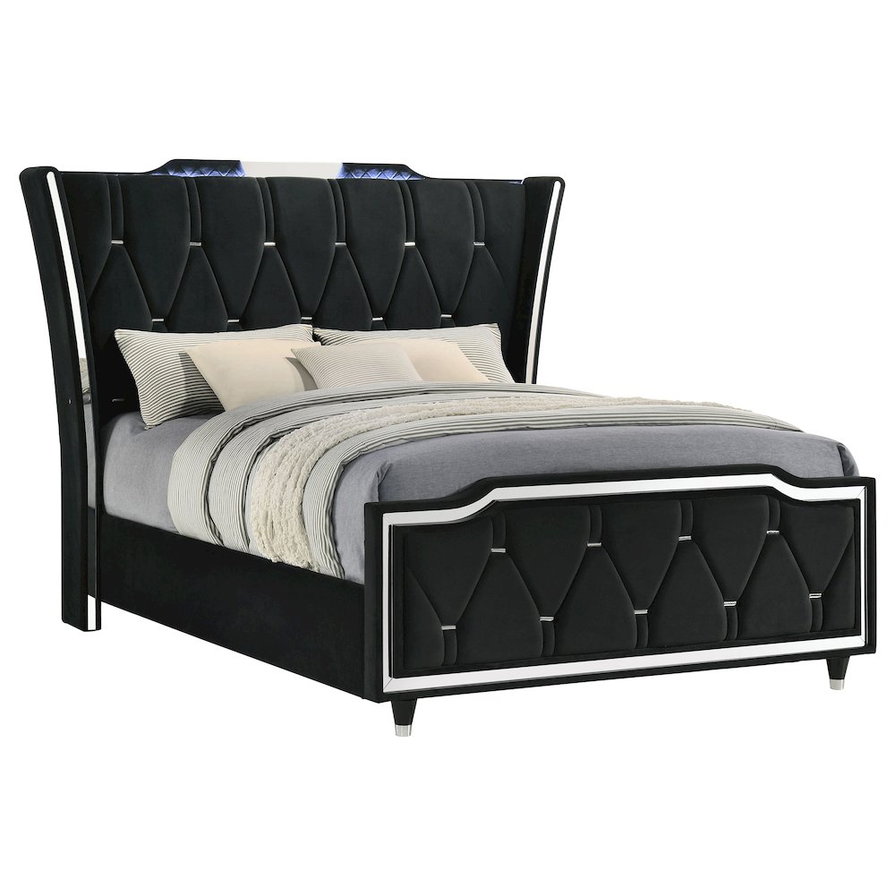 Lorient Queen LED Upholstered Wingback Bed Black. Picture 3
