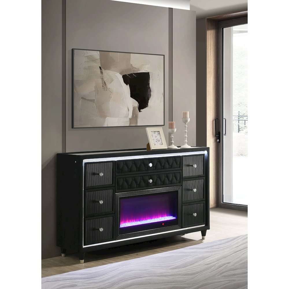 Lorient 8-drawer LED Bedroom Flame Box Dresser Black. Picture 2