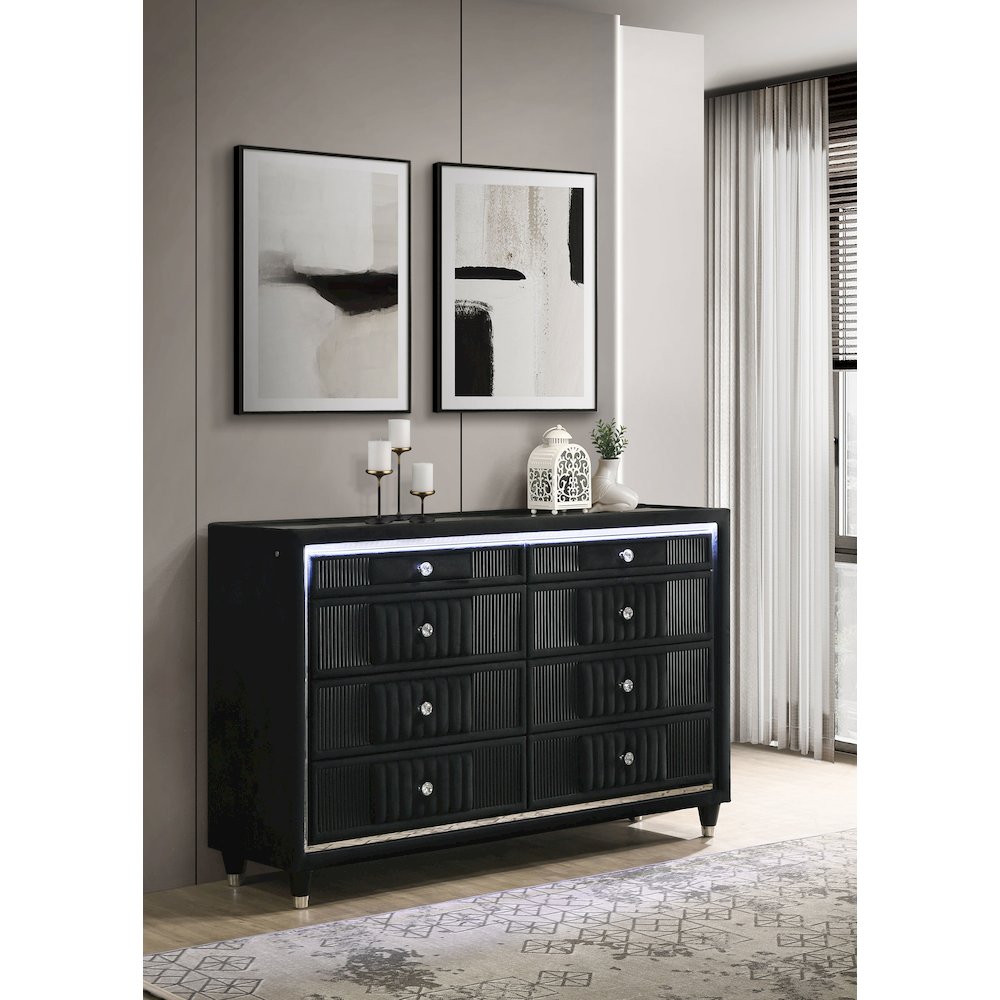 Ravenne 8-drawer Velvet Upholstered LED Dresser Cabinet Black. Picture 2