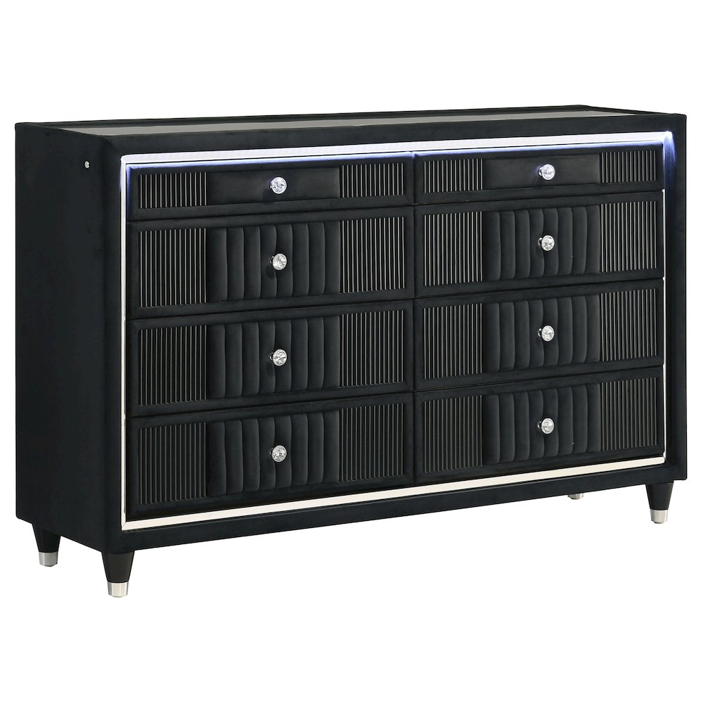 Ravenne 8-drawer Velvet Upholstered LED Dresser Cabinet Black. Picture 1