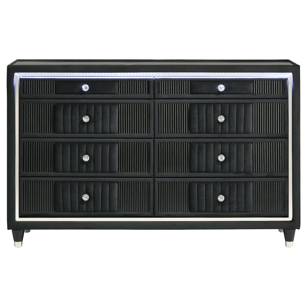 Ravenne 8-drawer Velvet Upholstered LED Dresser Cabinet Black. Picture 3