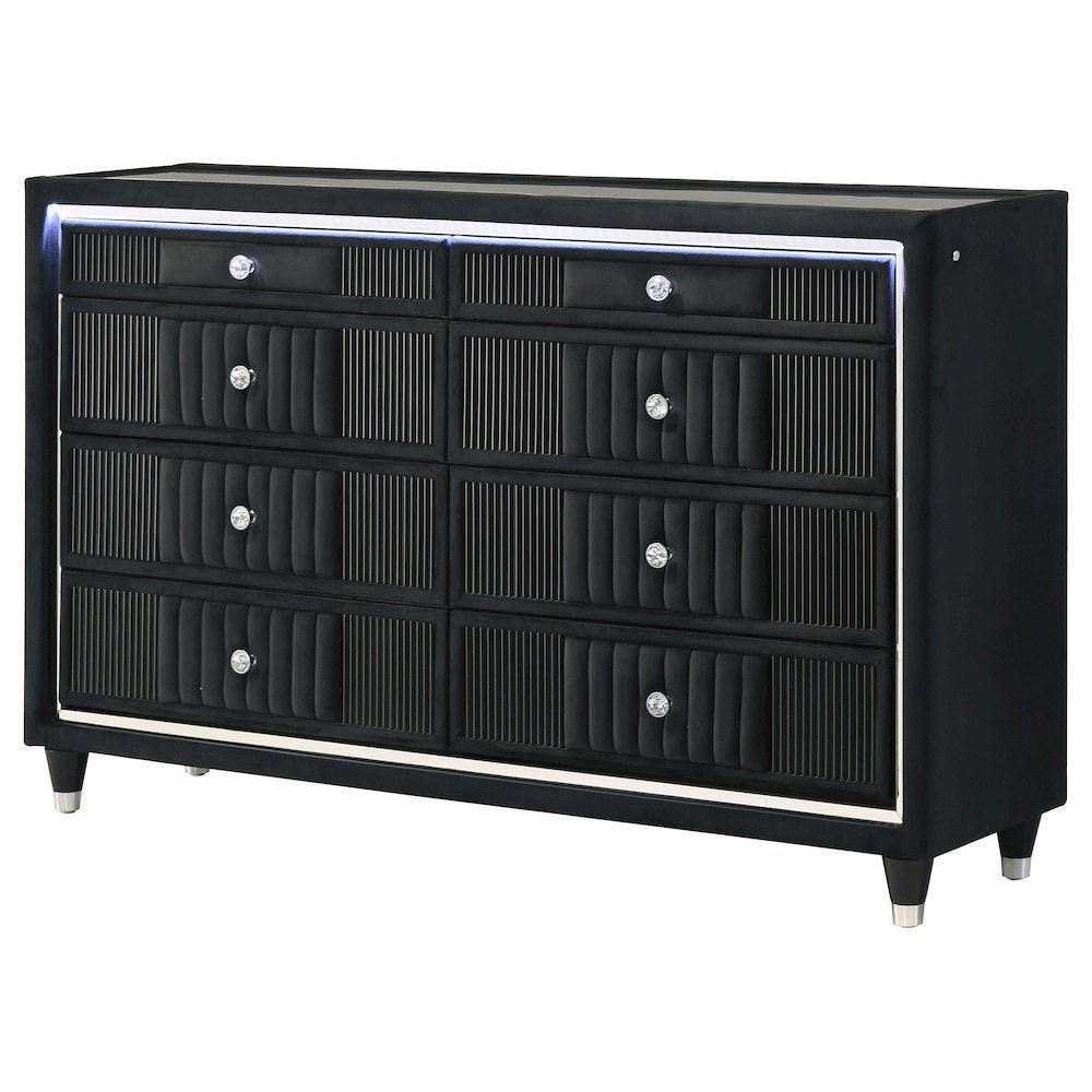 Ravenne 8-drawer Velvet Upholstered LED Dresser Cabinet Black. Picture 4
