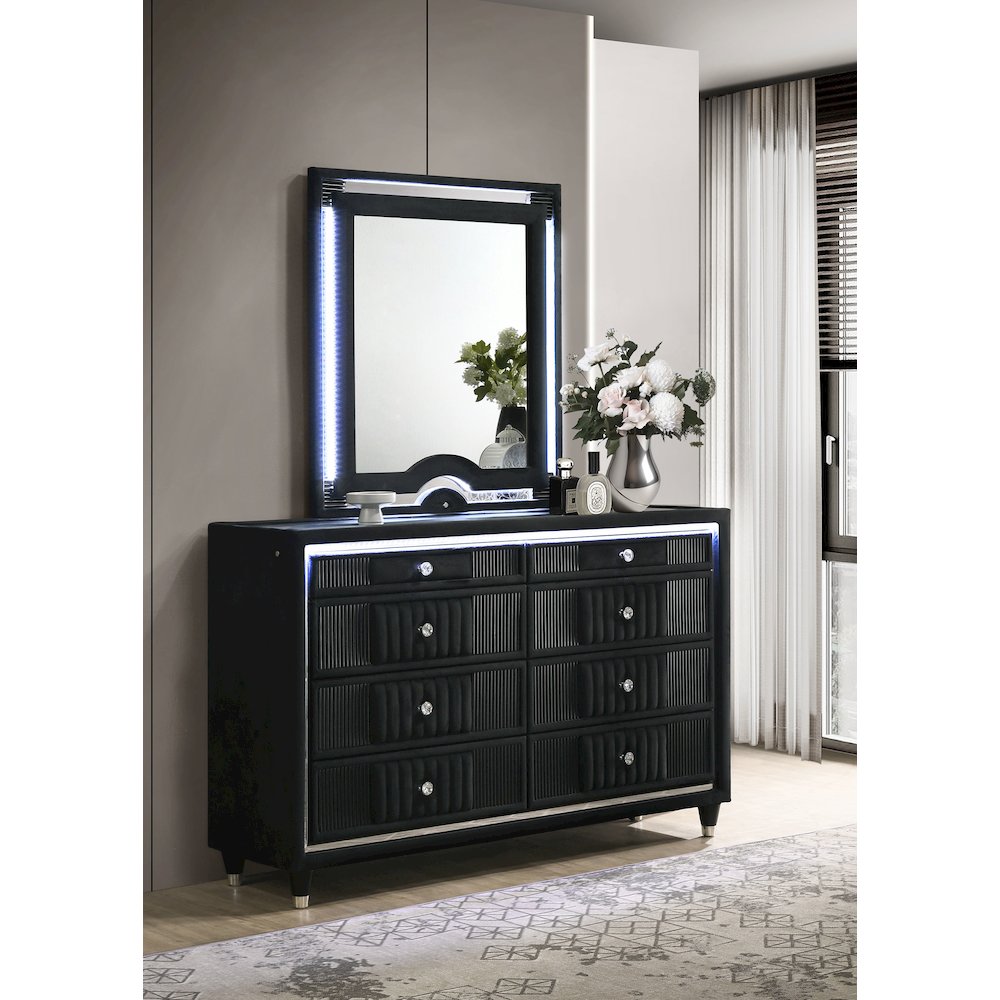 Ravenne 8-drawer Velvet Upholstered LED Dresser and Mirror Black. Picture 2