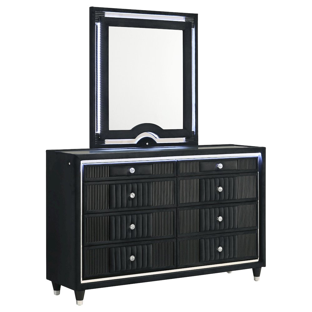 Ravenne 8-drawer Velvet Upholstered LED Dresser and Mirror Black. Picture 1