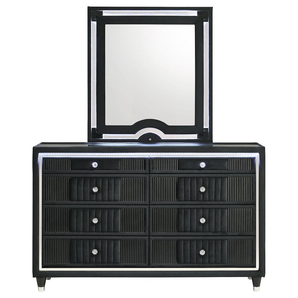 Ravenne 8-drawer Velvet Upholstered LED Dresser and Mirror Black. Picture 3