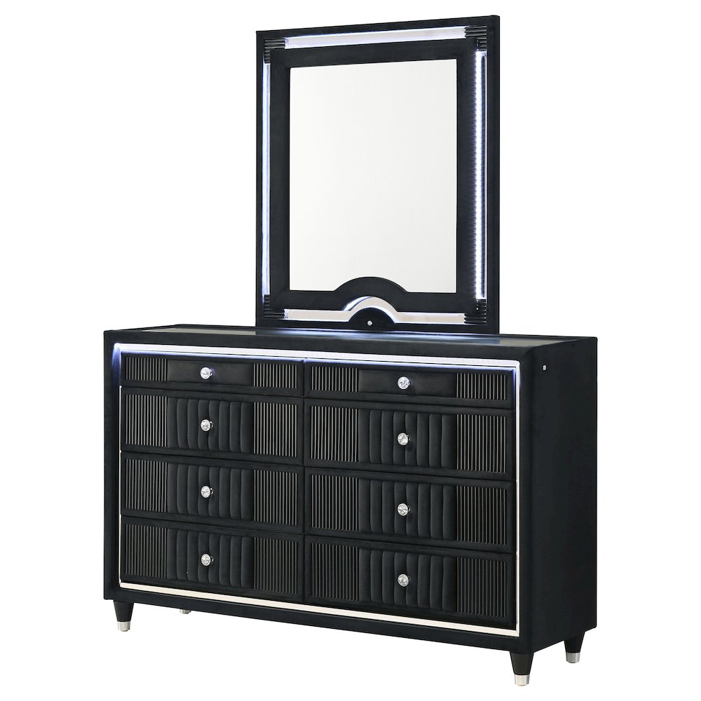 Ravenne 8-drawer Velvet Upholstered LED Dresser and Mirror Black. Picture 4