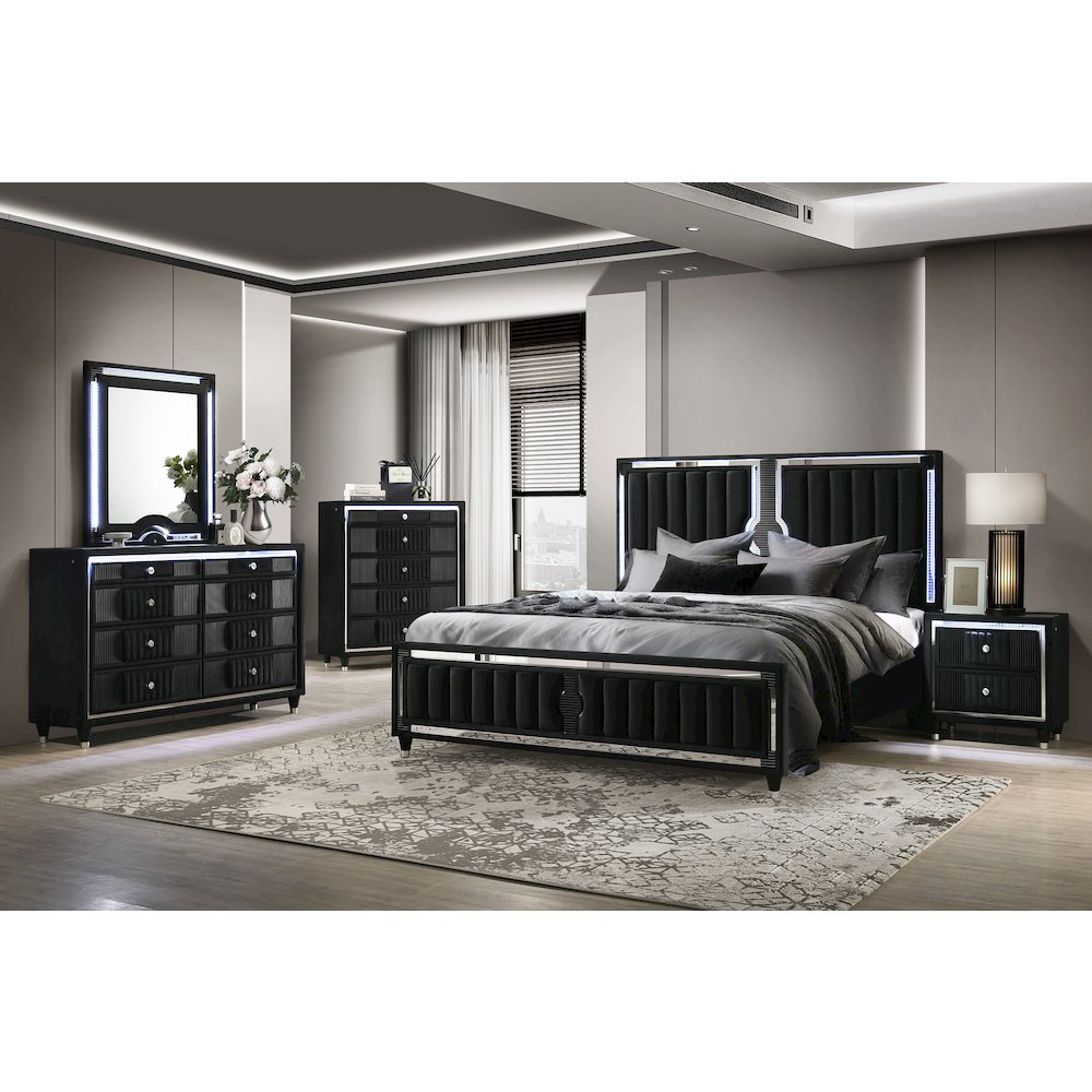 Ravenne 8-drawer Velvet Upholstered LED Dresser and Mirror Black. Picture 15