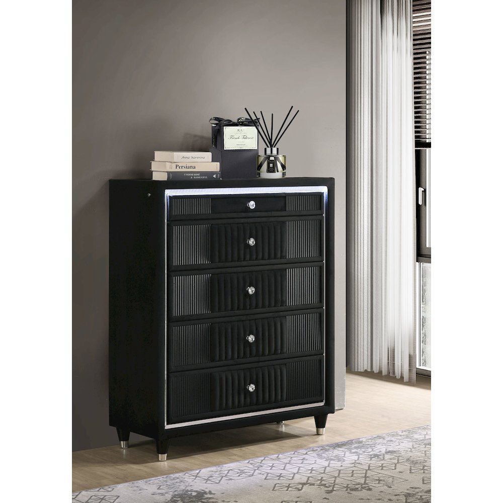 Ravenne 5-drawer Velvet Upholstered LED Chest of Drawers Black. Picture 2