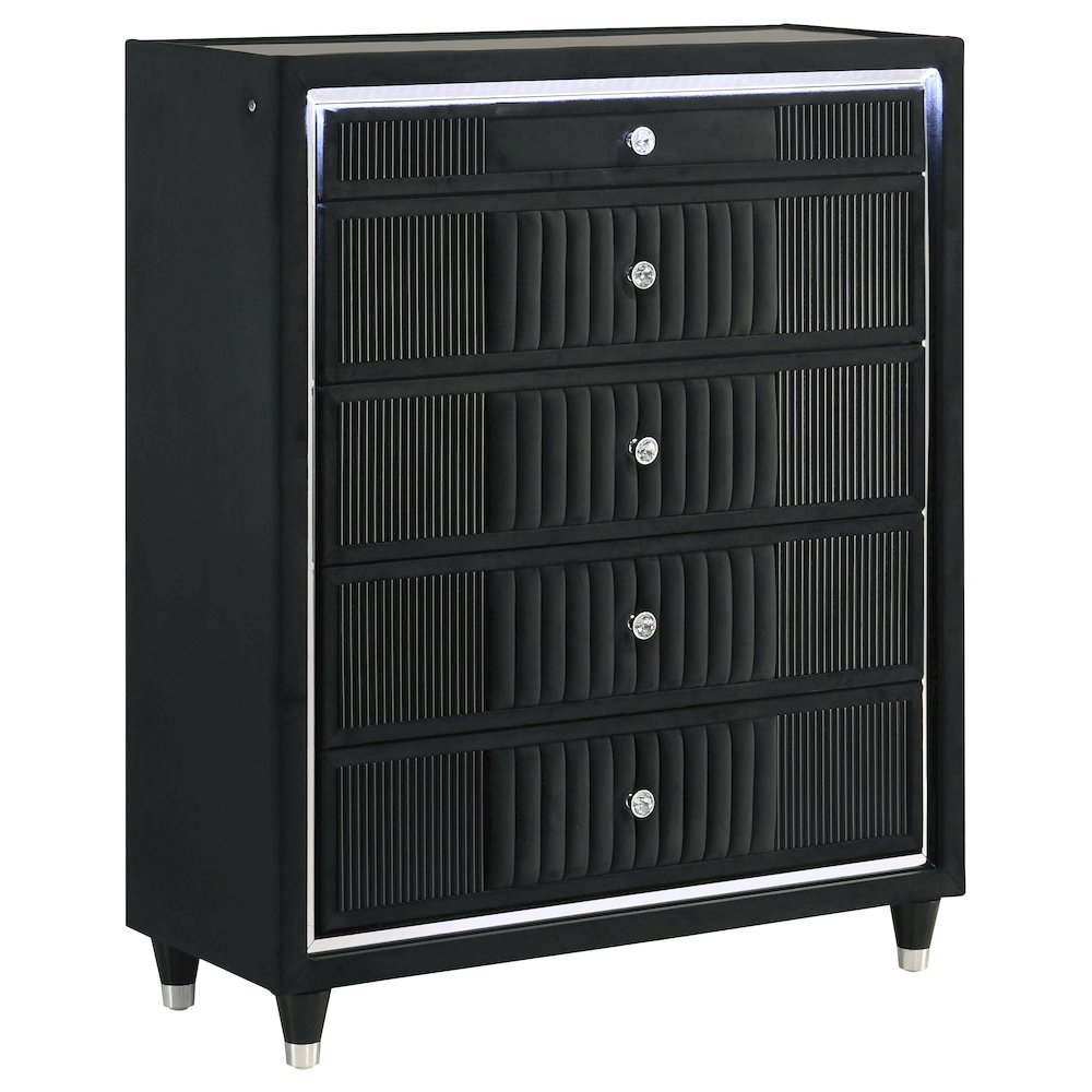 Ravenne 5-drawer Velvet Upholstered LED Chest of Drawers Black. Picture 1