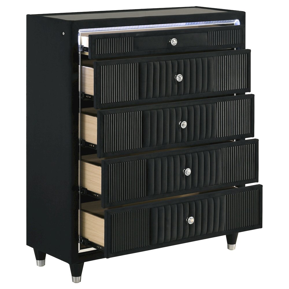 Ravenne 5-drawer Velvet Upholstered LED Chest of Drawers Black. Picture 10