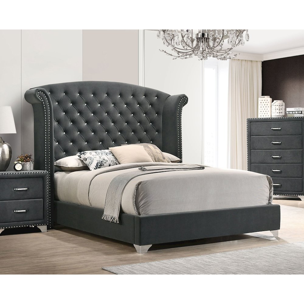 Melody Upholstered Queen Wingback Bed Grey. Picture 3