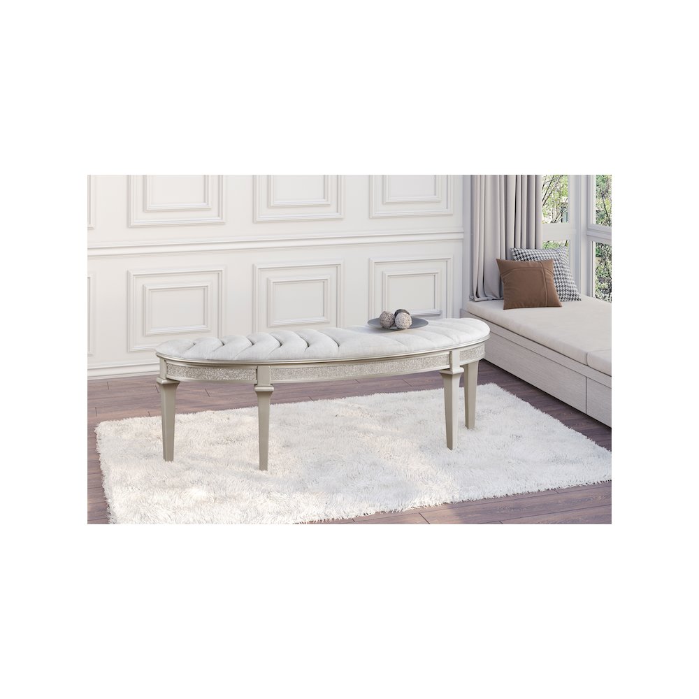 Evangeline Curved Fabric Upholstered Bench Silver Oak. Picture 10