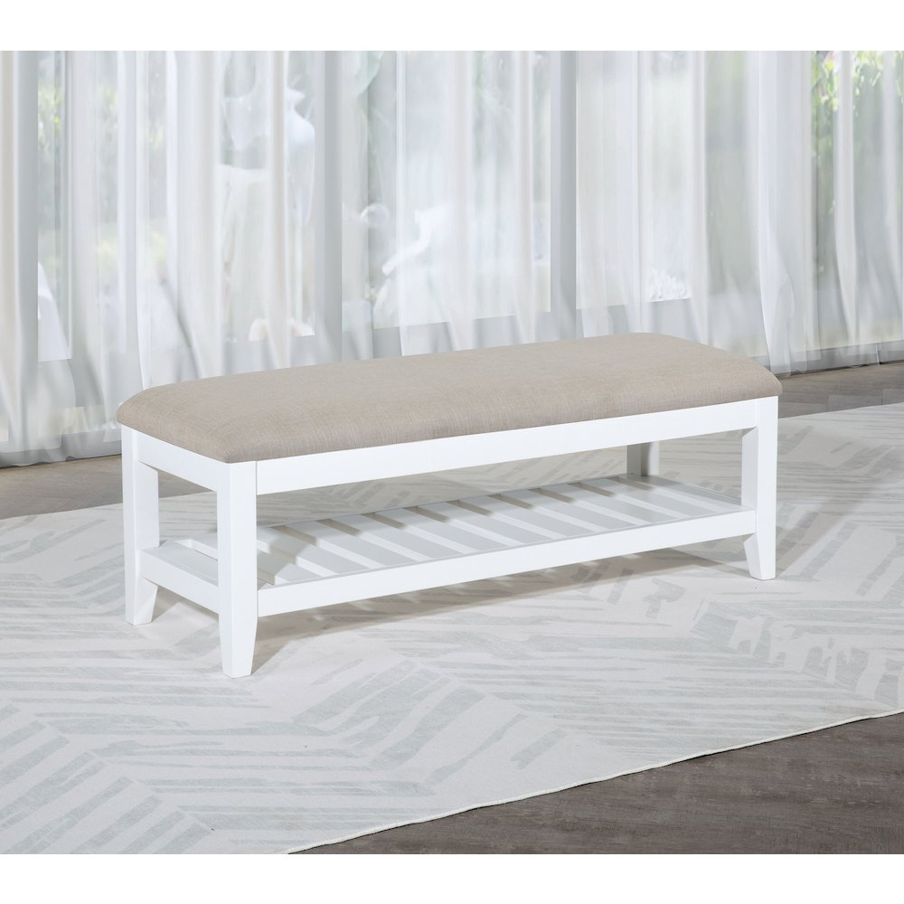 Bexhill Upholstered Rectangular Bench with Shelf White. Picture 5