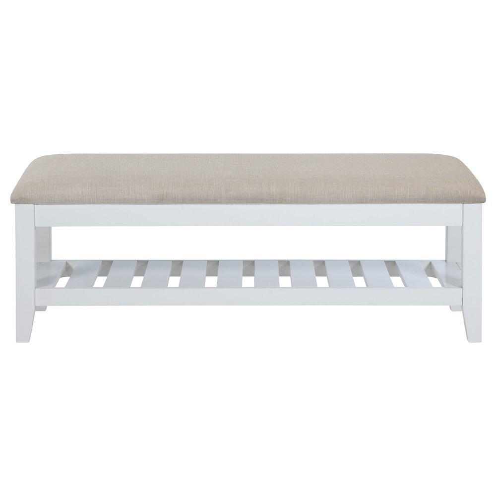 Bexhill Upholstered Rectangular Bench with Shelf White. Picture 3