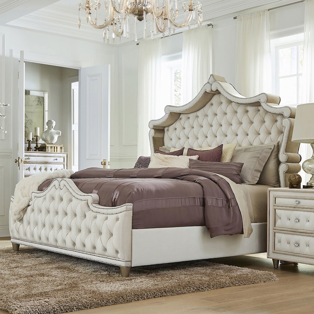 Antonella Upholstered Eastern King Panel Bed Ivory and Camel. Picture 3