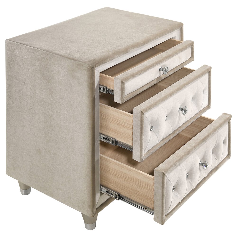 Antonella Upholstered 3-drawer Nightstand Ivory and Camel. Picture 3