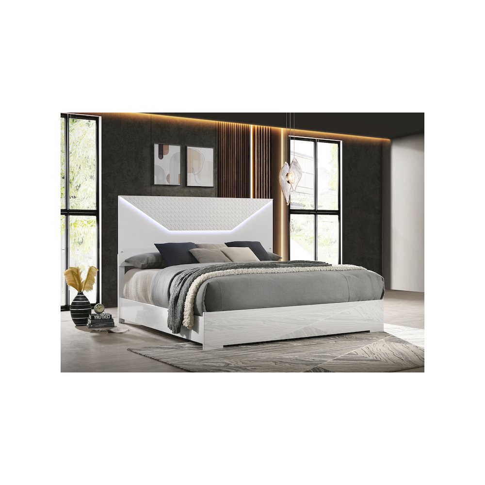 Ives Eastern King Panel Bed LED Headboard White High Gloss. Picture 5