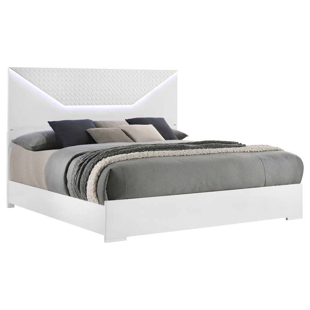 Ives Eastern King Panel Bed LED Headboard White High Gloss. Picture 3