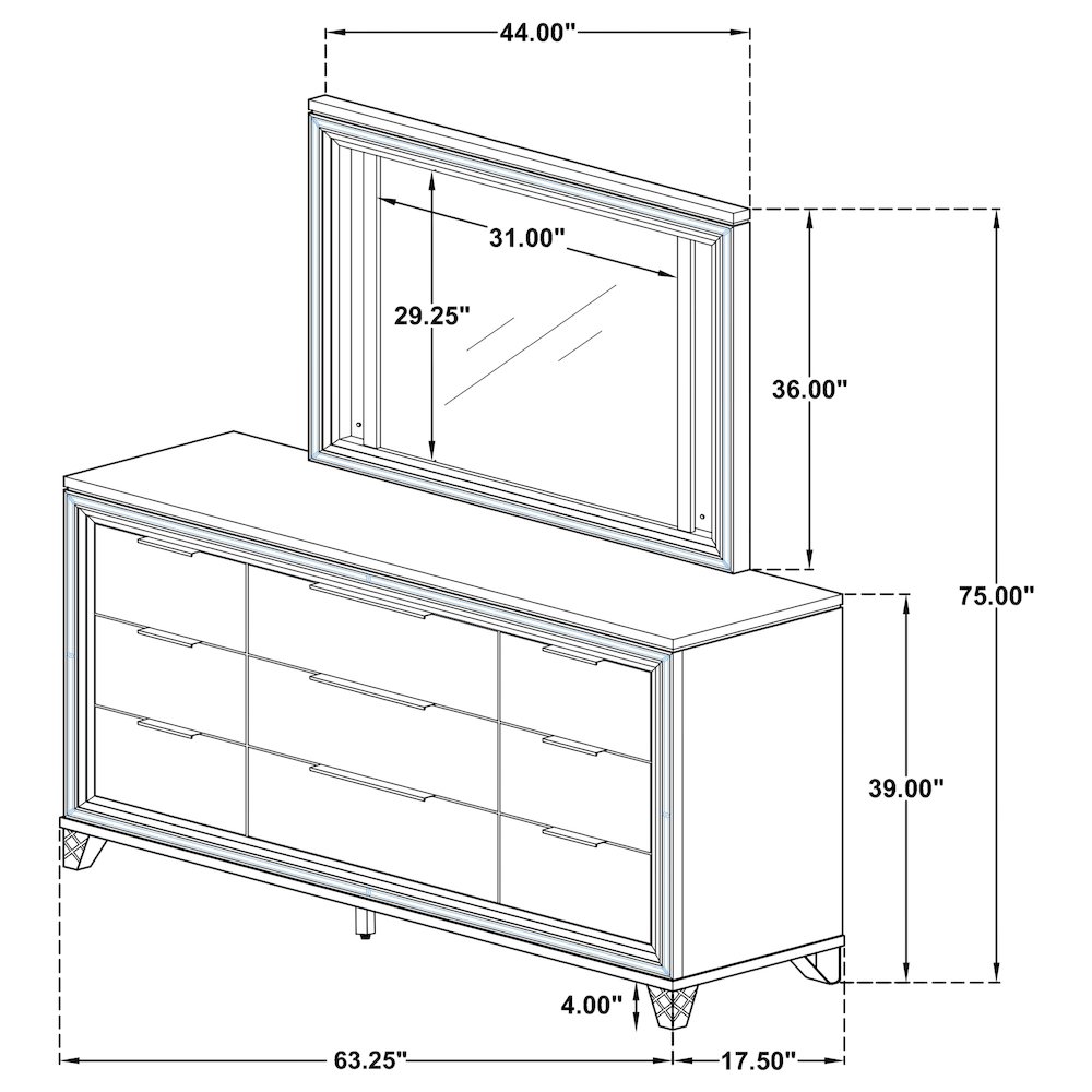 Marmore 9-drawer Dresser and LED Mirror White. Picture 16