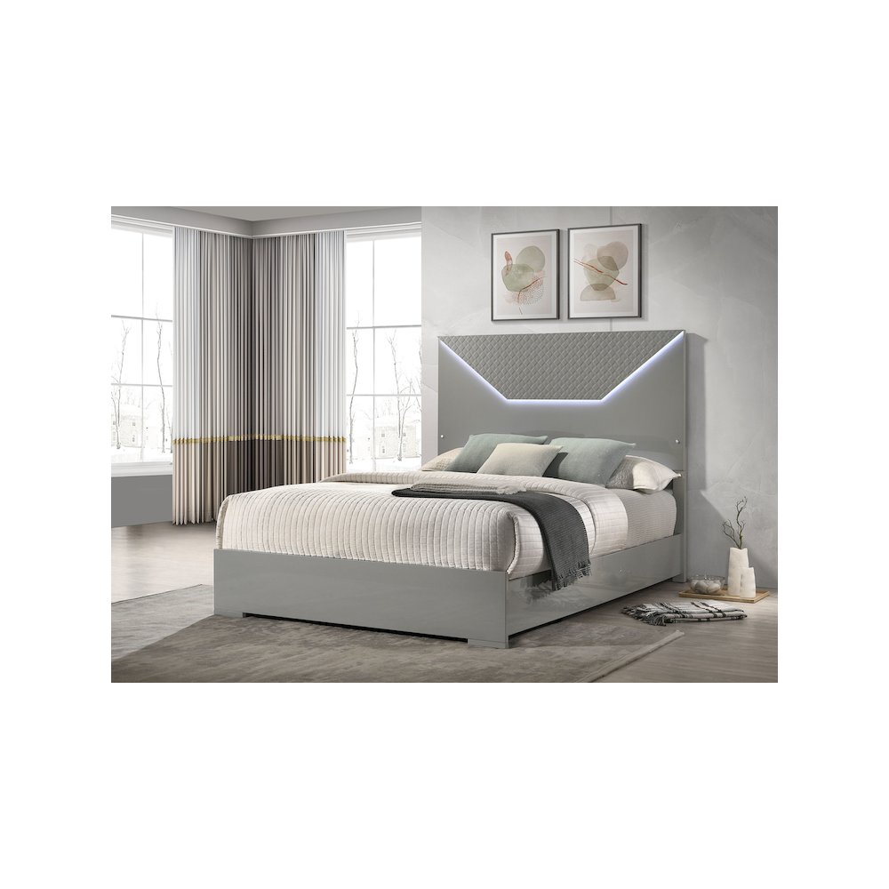 Ives Queen Panel Bed LED Headboard Grey High Gloss. Picture 5