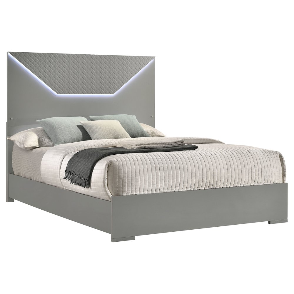 Ives Queen Panel Bed LED Headboard Grey High Gloss. Picture 3