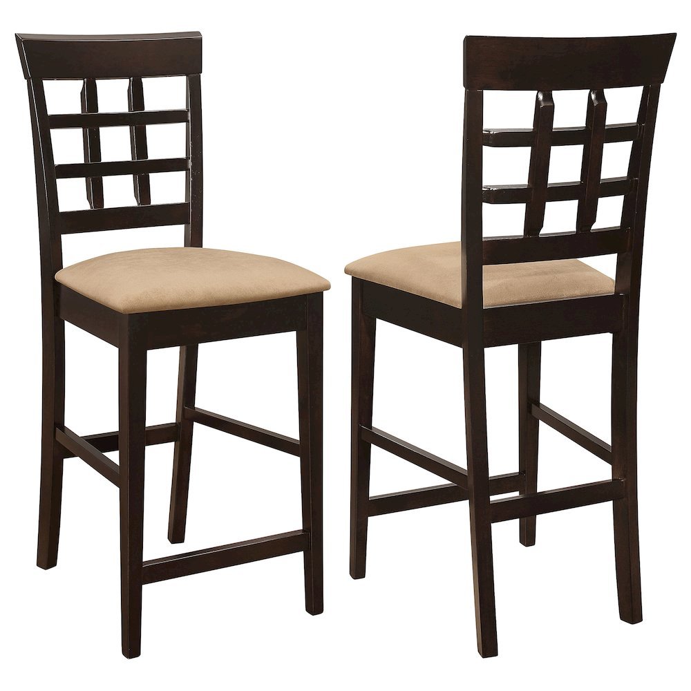 Wood Counter Stools Set of 2, Lattice Back Dining Chairs, Chestnut Finish. Picture 1