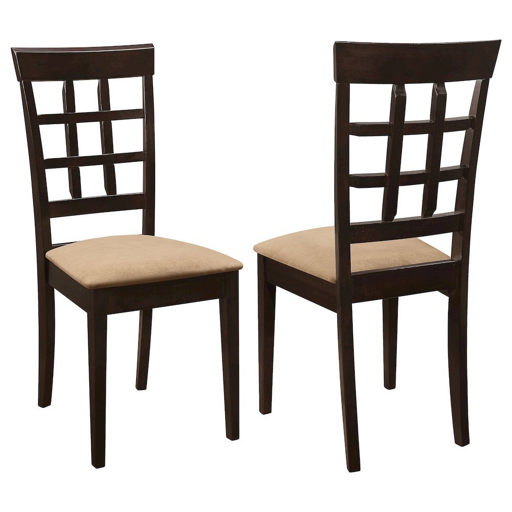 Dining Side Chairs Set of 2, Lattice Back, Cappuccino Finish, Tan Microfiber. Picture 1