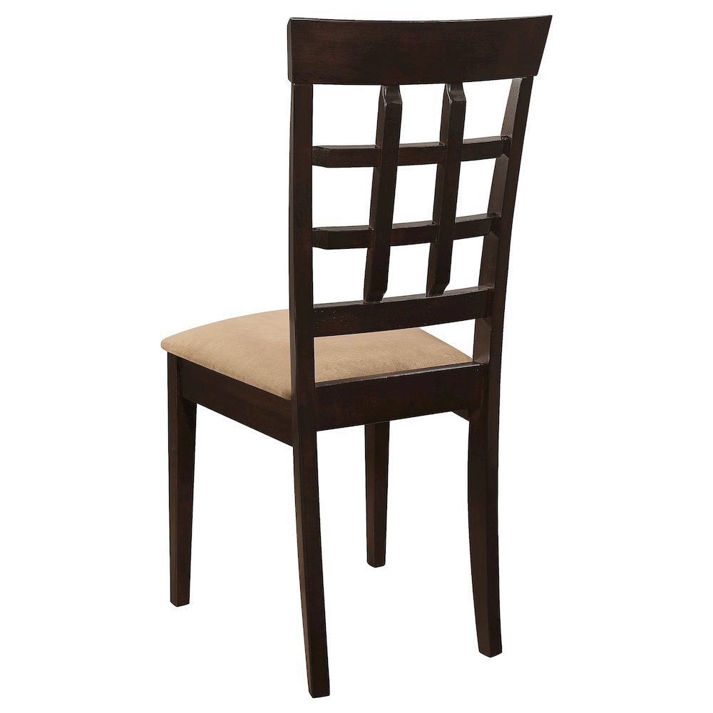 Dining Side Chairs Set of 2, Lattice Back, Cappuccino Finish, Tan Microfiber. Picture 6
