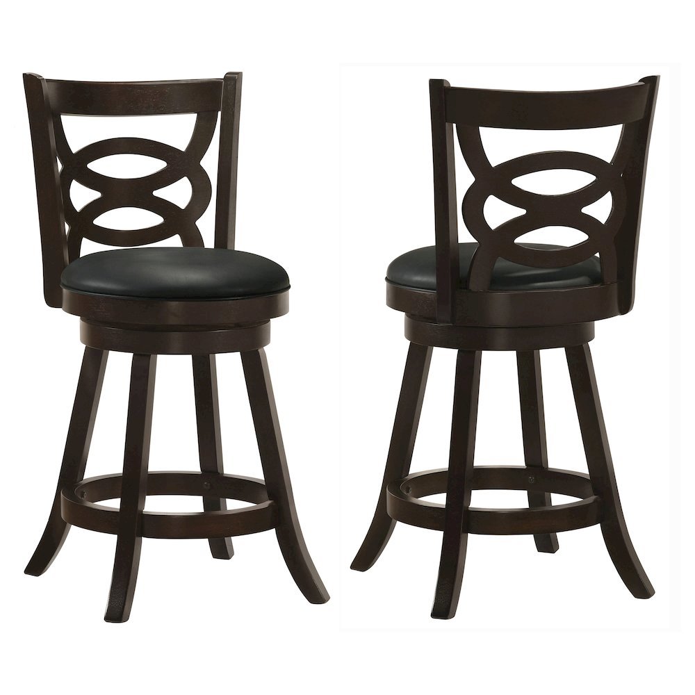 Swivel Counter Stool, Set of 2, Black Leatherette, Dark Merlot Finish. Picture 2